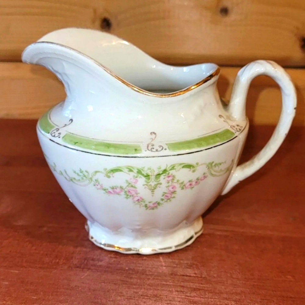 Antique Edwin Knowles Creamer or SM Pitcher Vase with Pink Rose Garland & Green